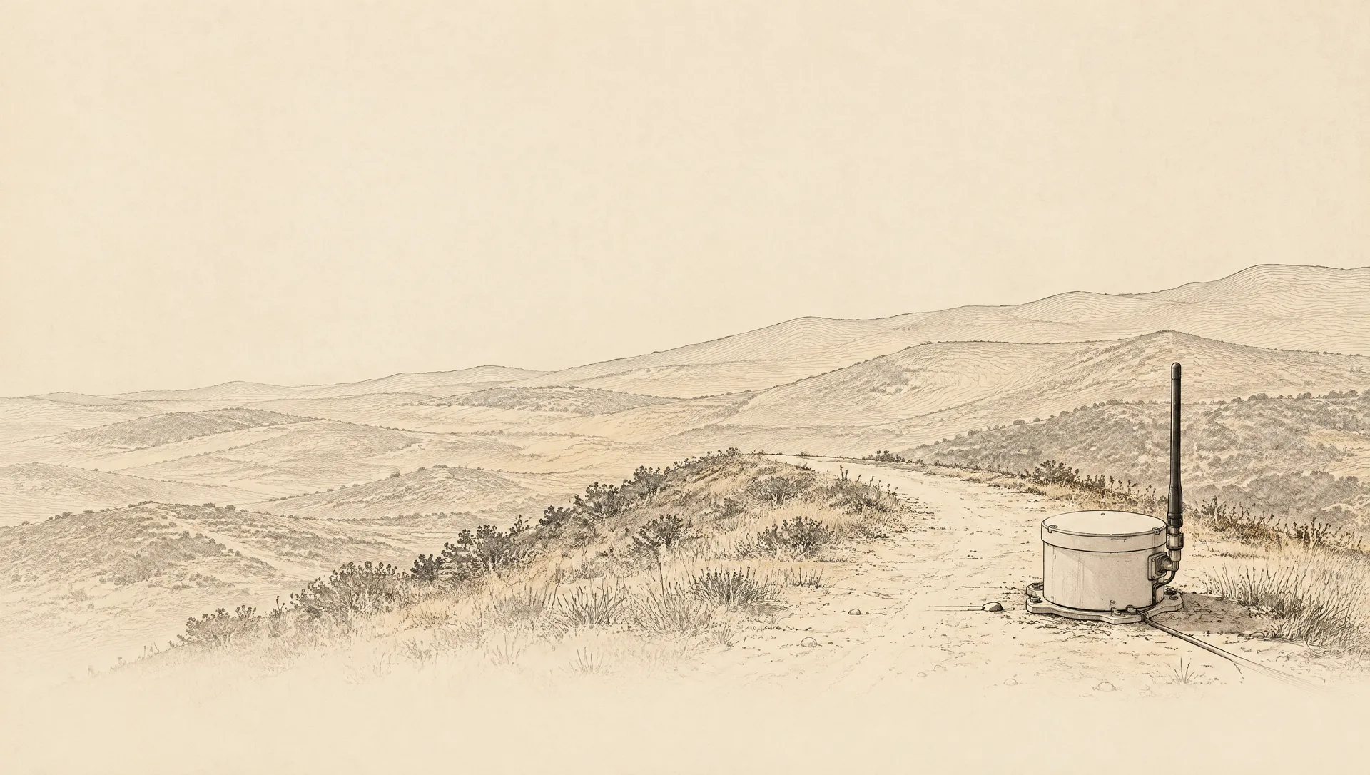 A connected module resting in the world — product shipped, drawn as lithograph on cream paper.