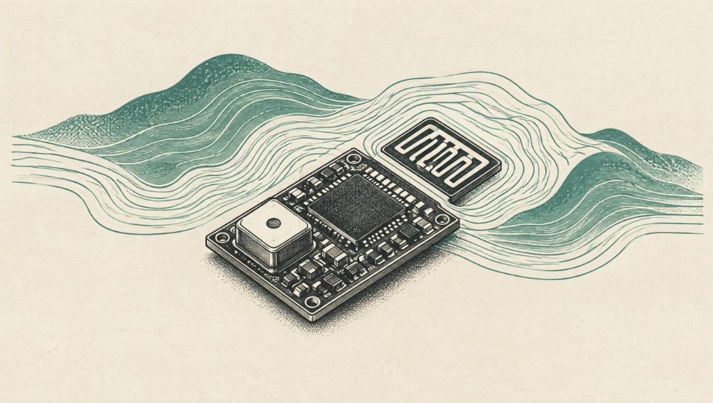 An assembled sensor module on cream paper, drawn as lithograph ink lines.