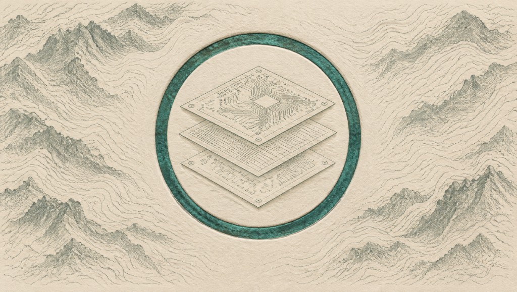 A sealed vault drawn as copper traces on cream paper, files contained inside.